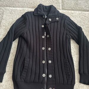 Structure Mens Ribbed Knit Sweater Jacket Sherpa Lined Black Small